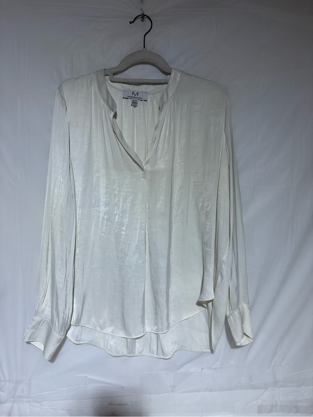Magaschoni Ivory Satin Split-Neck Long Sleeve Blouse